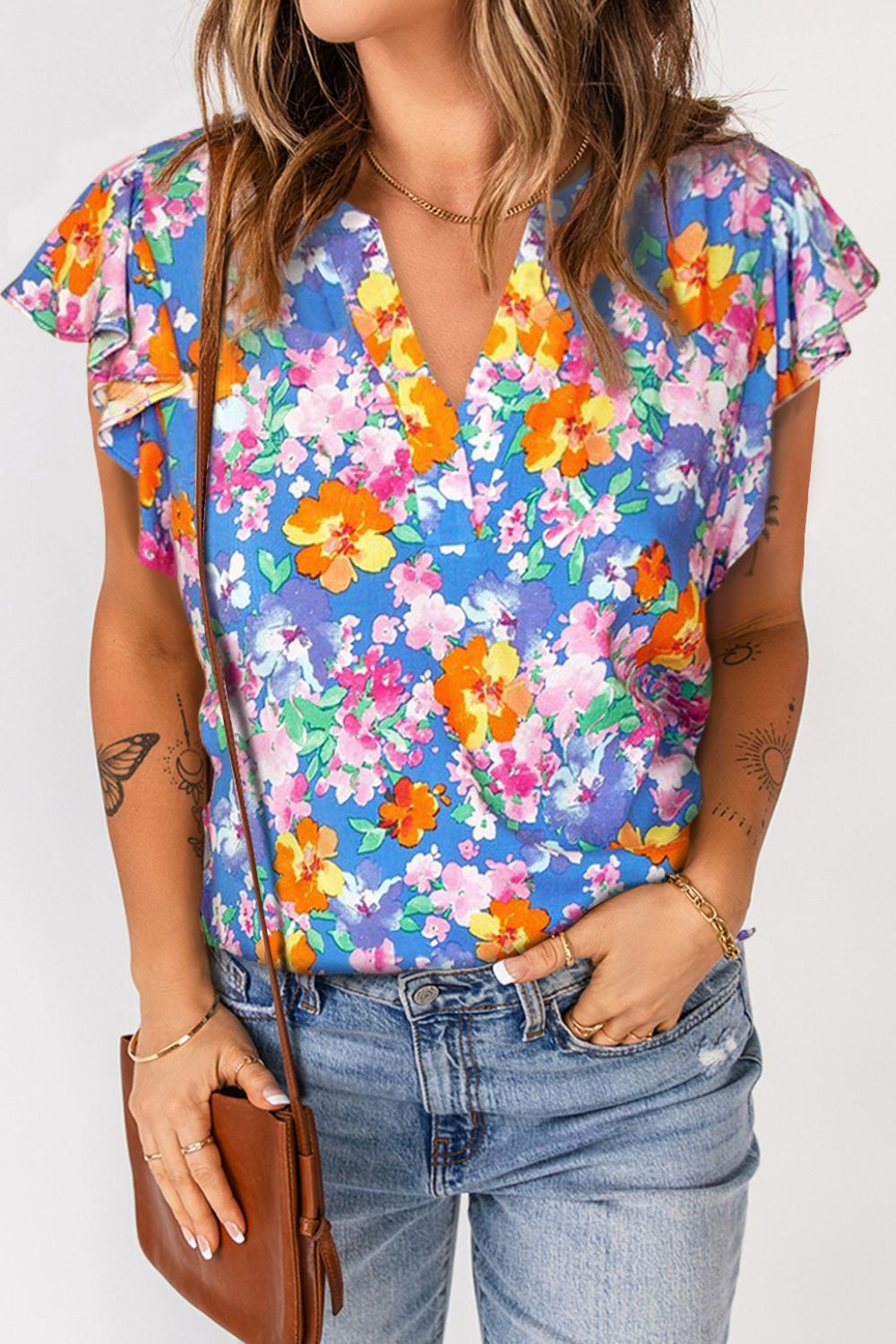 Floral Notched Neck Flutter Sleeve Blouse - FunkyPeacockStore (Store description)