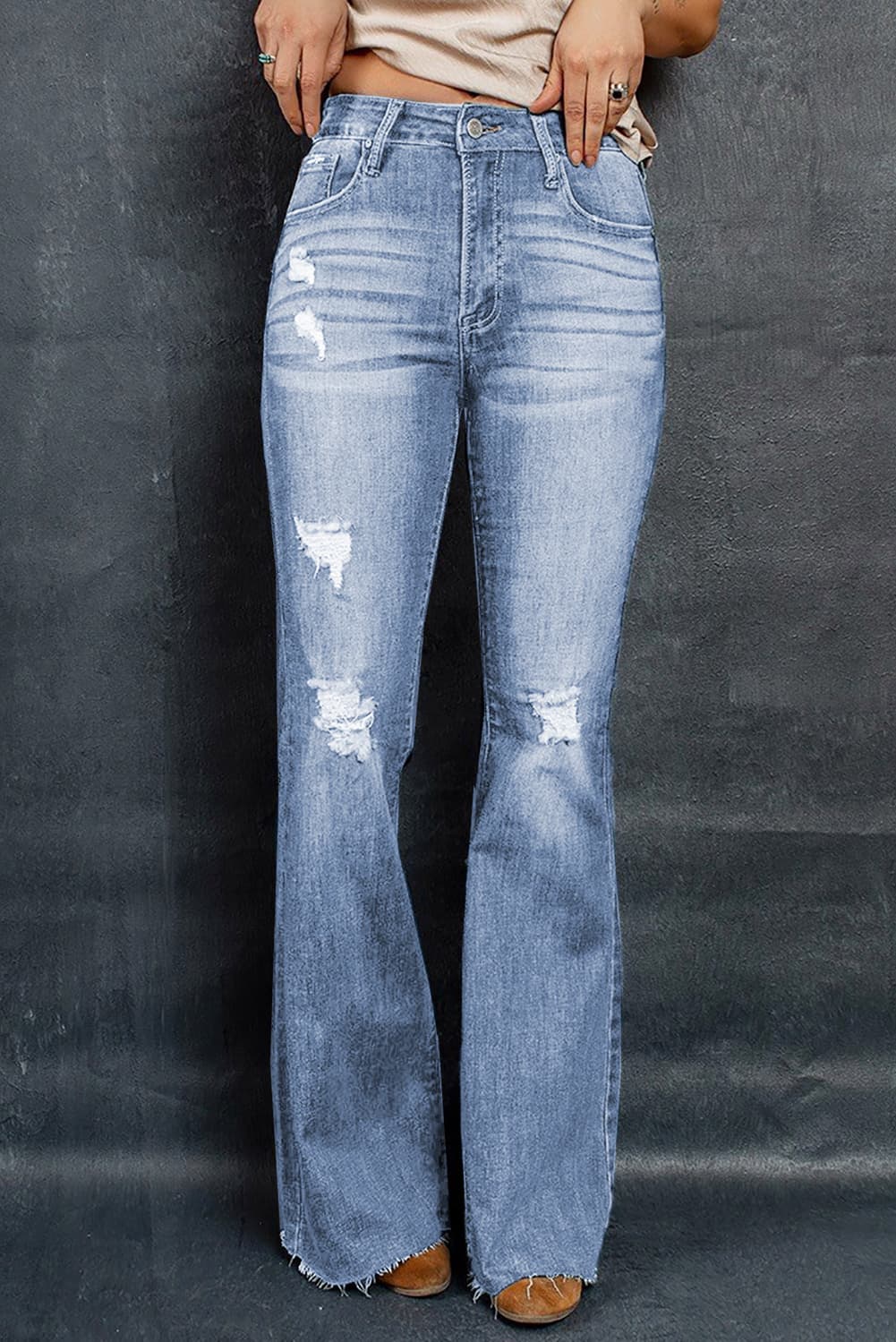 Distressed Raw Hem Flare Jeans - FunkyPeacockStore (Store description)