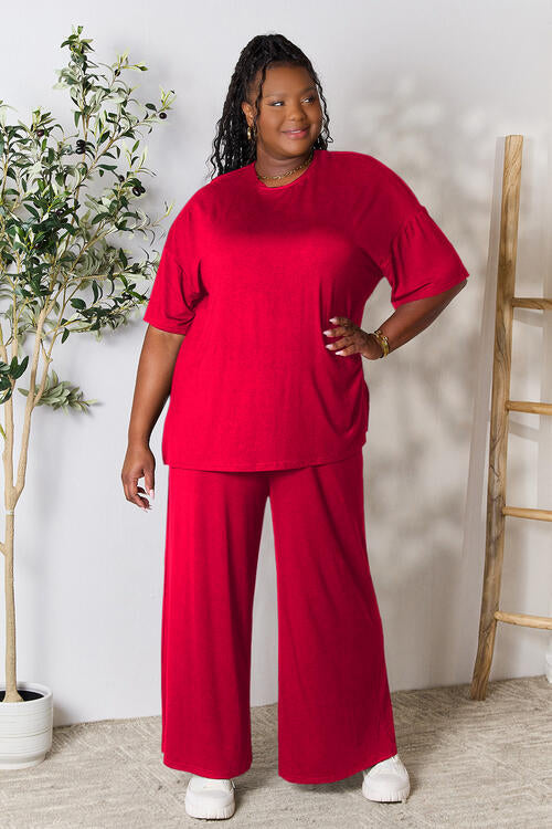 Double Take Full Size Round Neck Slit Top and Pants Set - FunkyPeacockStore (Store description)