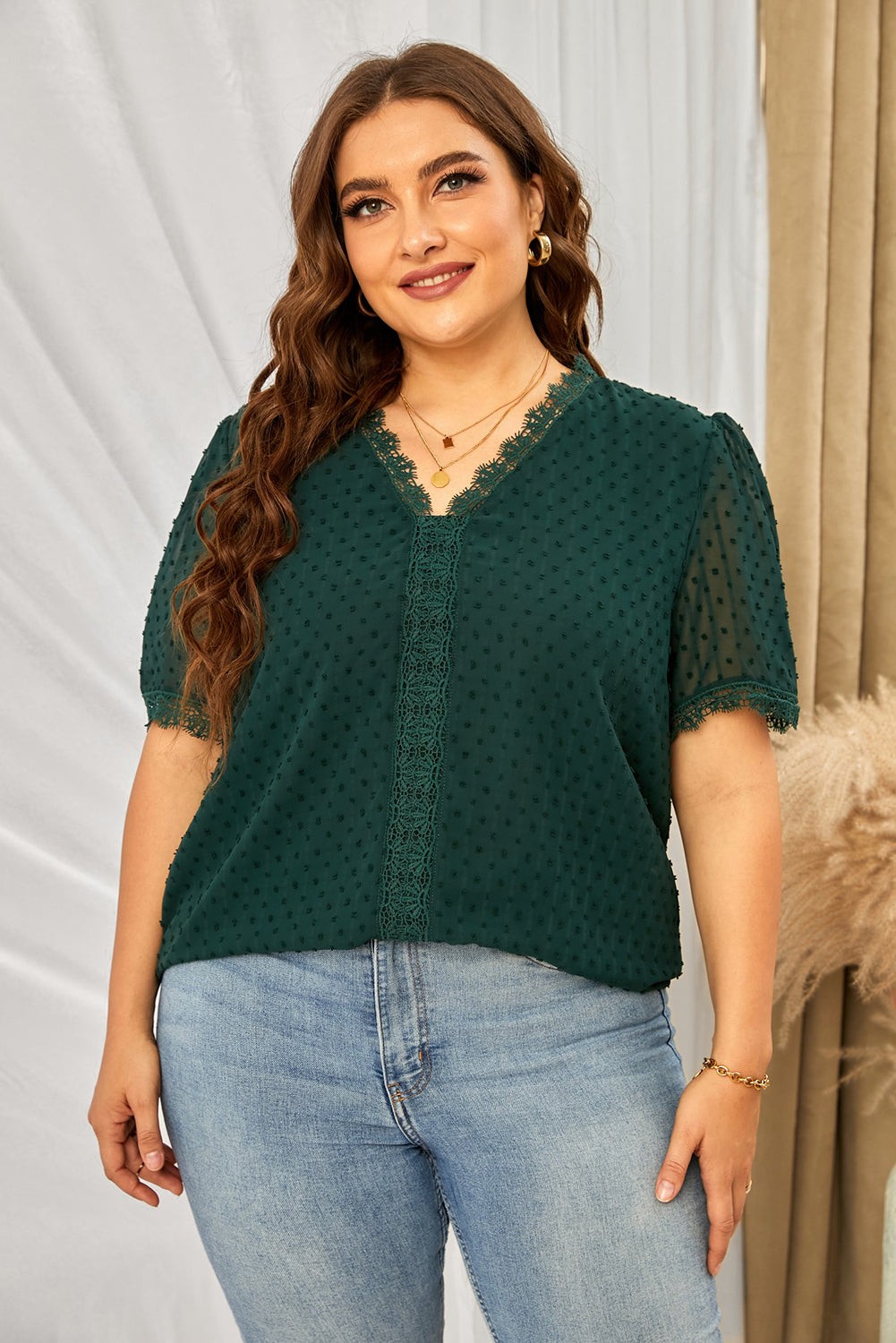 Swiss Dot Spliced Lace V-Neck Blouse - FunkyPeacockStore (Store description)