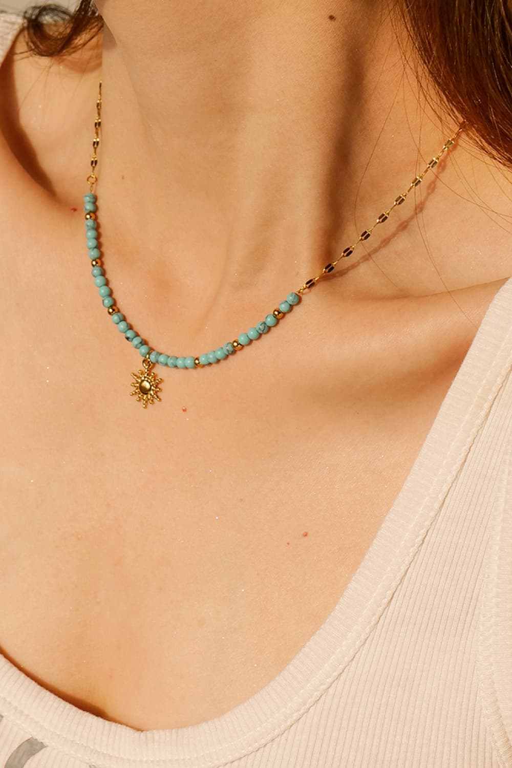 Turquoise Beaded 18K Gold-Pleated Sun Shape Pendant Necklace - FunkyPeacockStore (Store description)