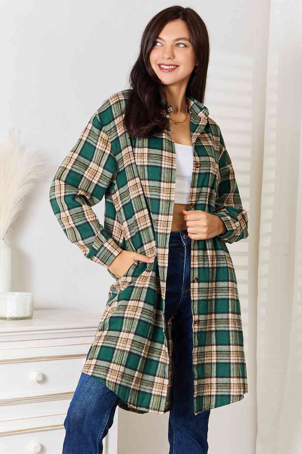 Double Take Plaid Collared Neck Long Sleeve Shirt - FunkyPeacockStore (Store description)