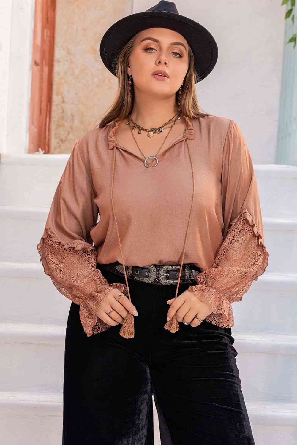 Plus Size Tie Neck Flounce Sleeve Blouse - FunkyPeacockStore (Store description)