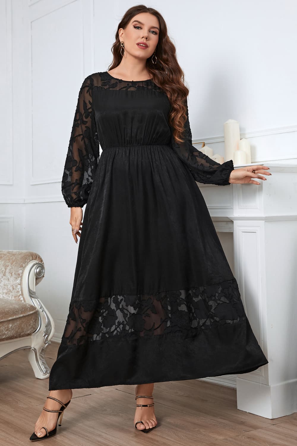 Embroidery Round Neck Long Sleeve Maxi Dress - FunkyPeacockStore (Store description)