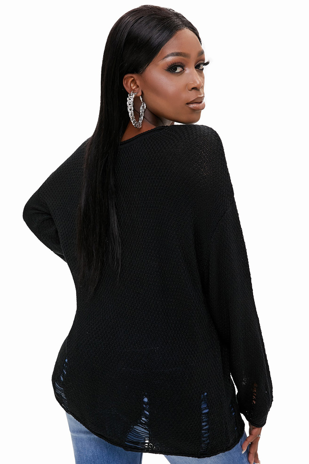 Round Neck Distressed Drop Shoulder Sweater - FunkyPeacockStore (Store description)