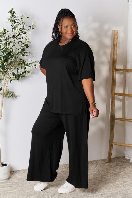 Double Take Full Size Round Neck Slit Top and Pants Set - FunkyPeacockStore (Store description)