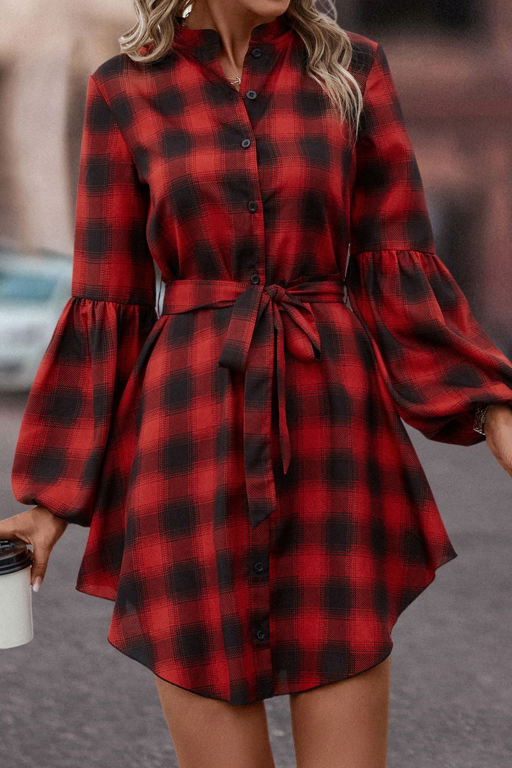 Plaid Tie Waist Balloon Sleeve Mini Dress - FunkyPeacockStore (Store description)