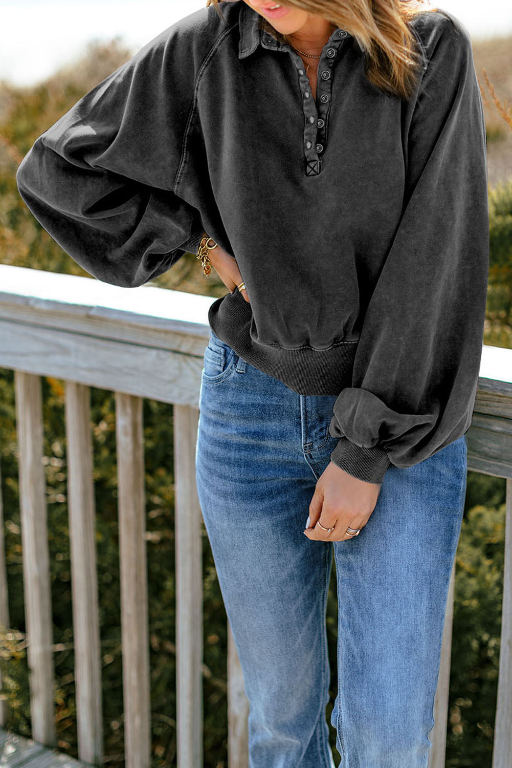 Quarter-Snap Collared Lantern Sleeve Sweatshirt - FunkyPeacockStore (Store description)