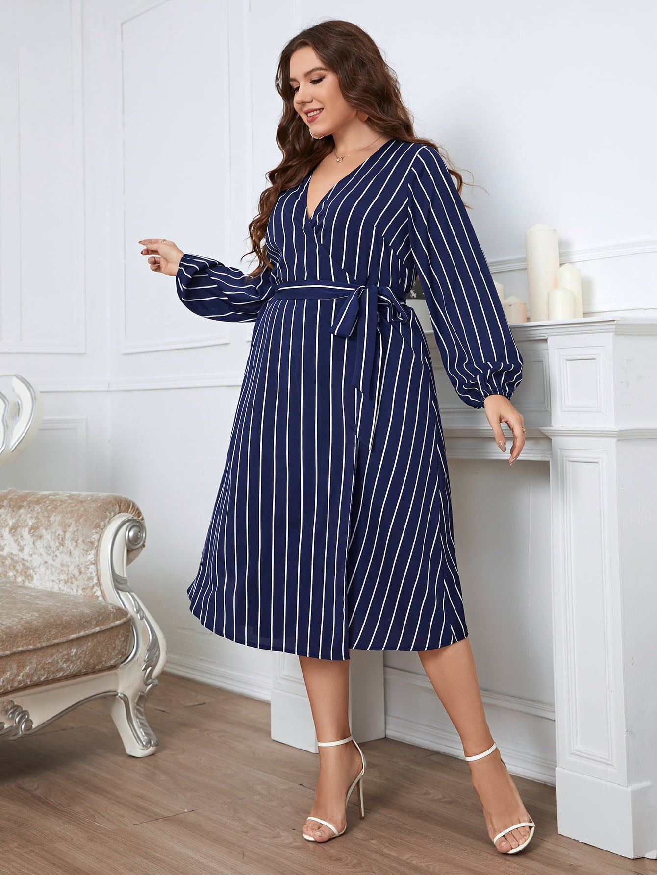 Striped Surplice Neck Long Sleeve Dress - FunkyPeacockStore (Store description)