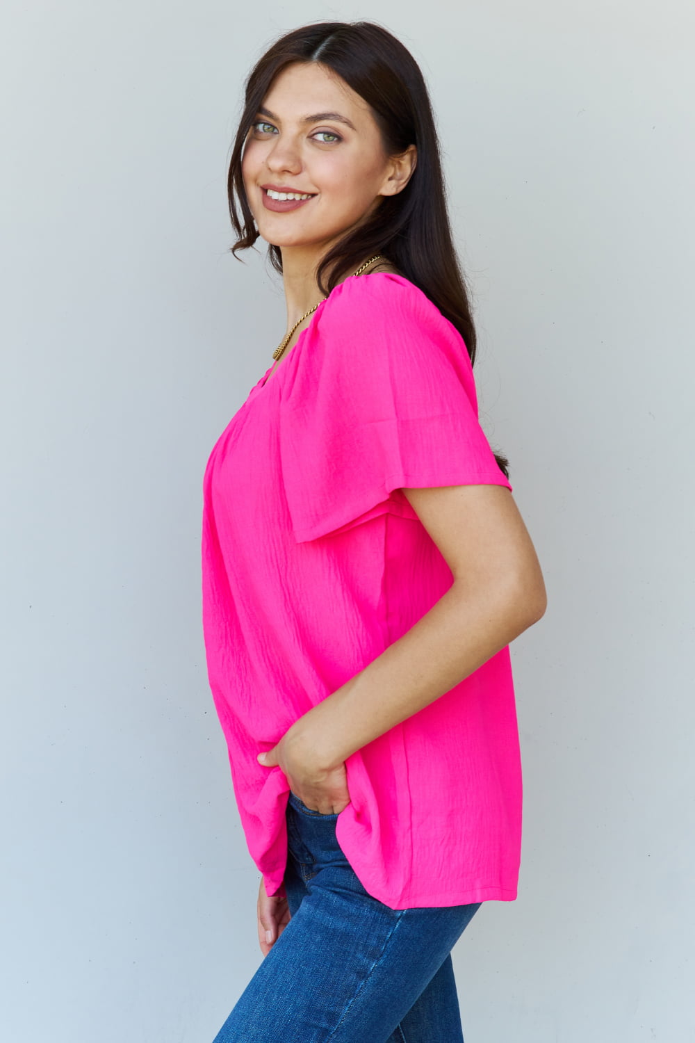 Ninexis Keep Me Close Square Neck Short Sleeve Blouse in Fuchsia - FunkyPeacockStore (Store description)