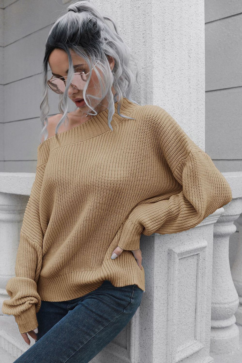 Off-Shoulder Ribbed Long Sleeve Pullover Sweater - FunkyPeacockStore (Store description)