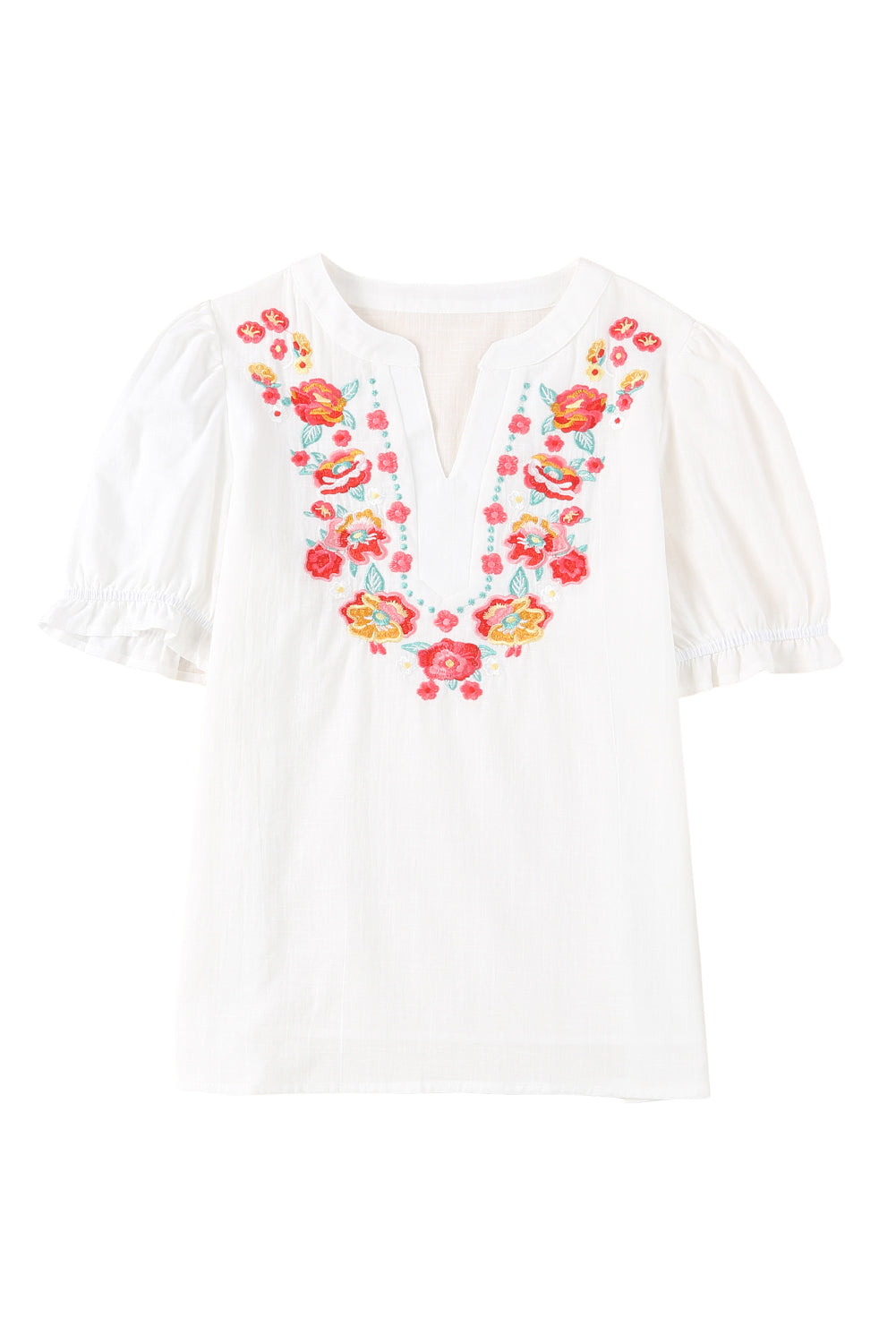 Embroidered Notched Neck Flounce Sleeve Top - FunkyPeacockStore (Store description)