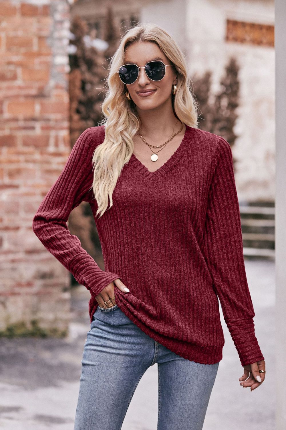 V-Neck Long Sleeve Ribbed Top - FunkyPeacockStore (Store description)