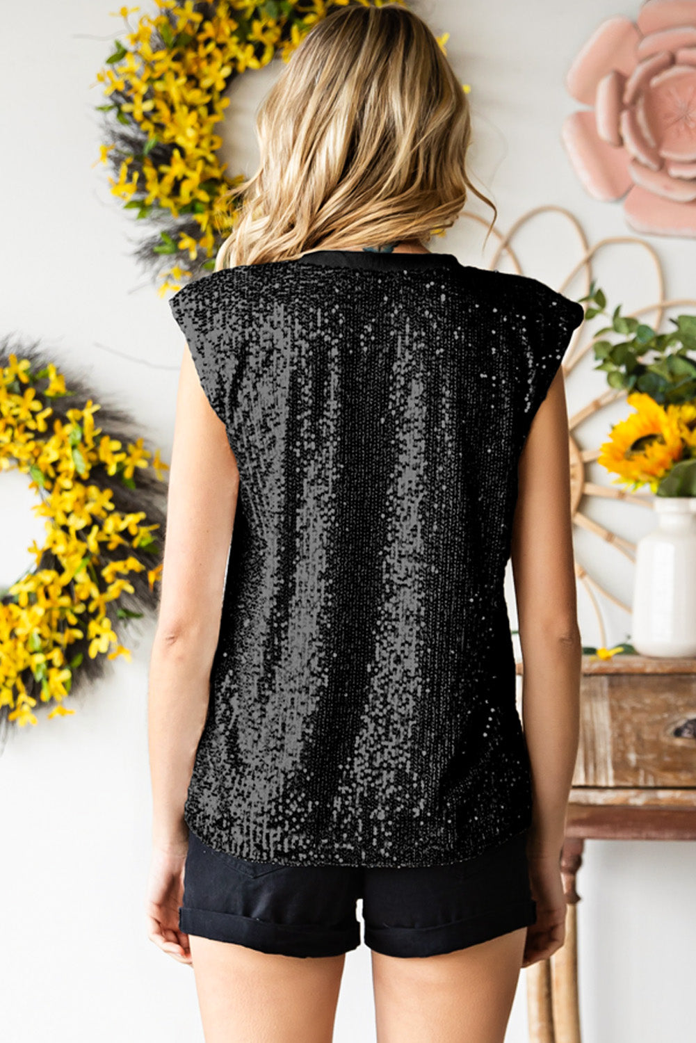 Sequin Round Neck Capped Sleeve Tank - FunkyPeacockStore (Store description)