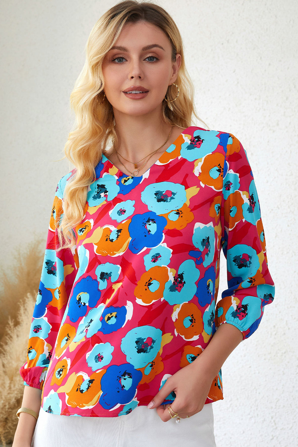 Floral V-Neck Three-Quarter Sleeve Top - FunkyPeacockStore (Store description)