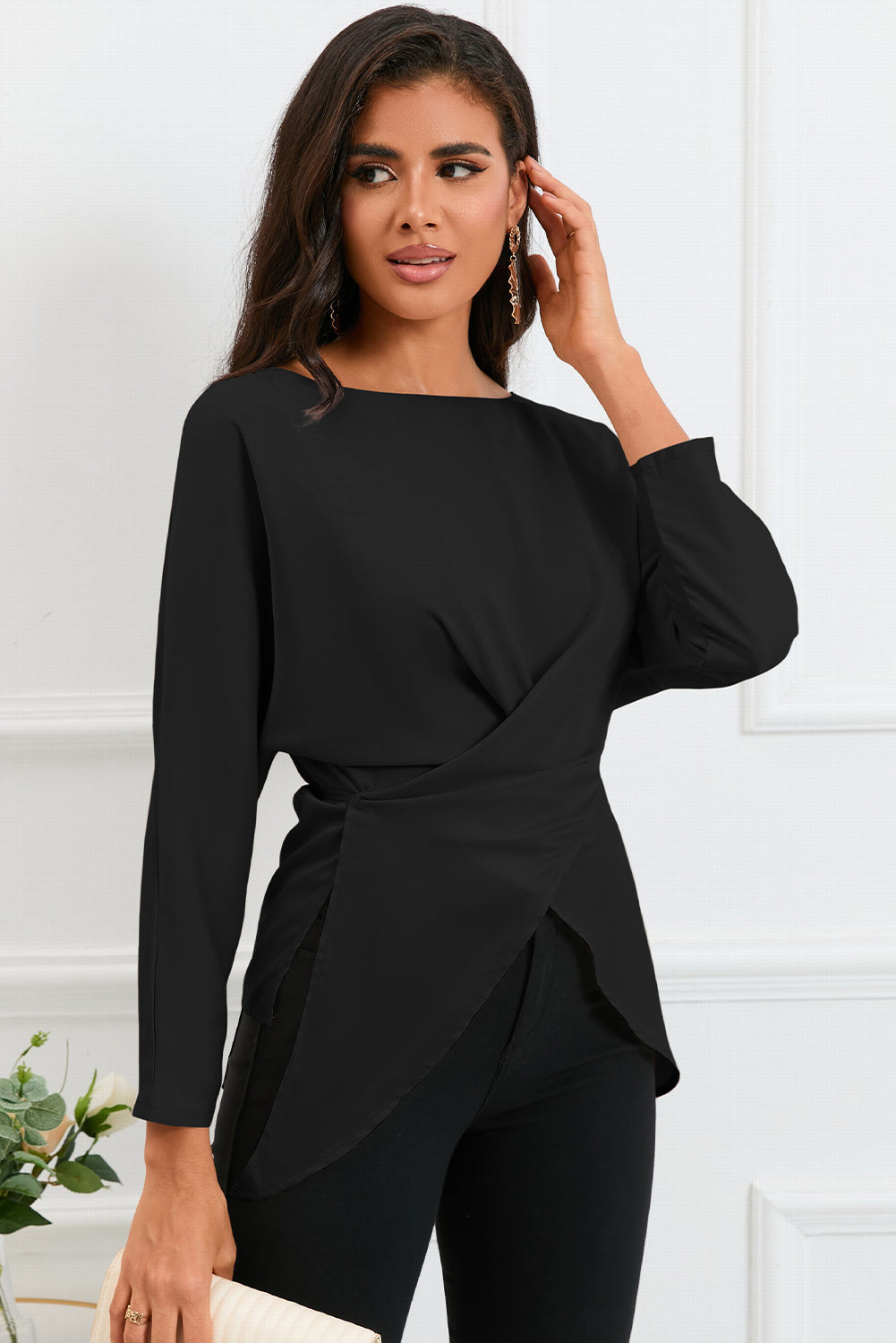 Boat Neck Back Tie Long Sleeve Satin Blouse - FunkyPeacockStore (Store description)