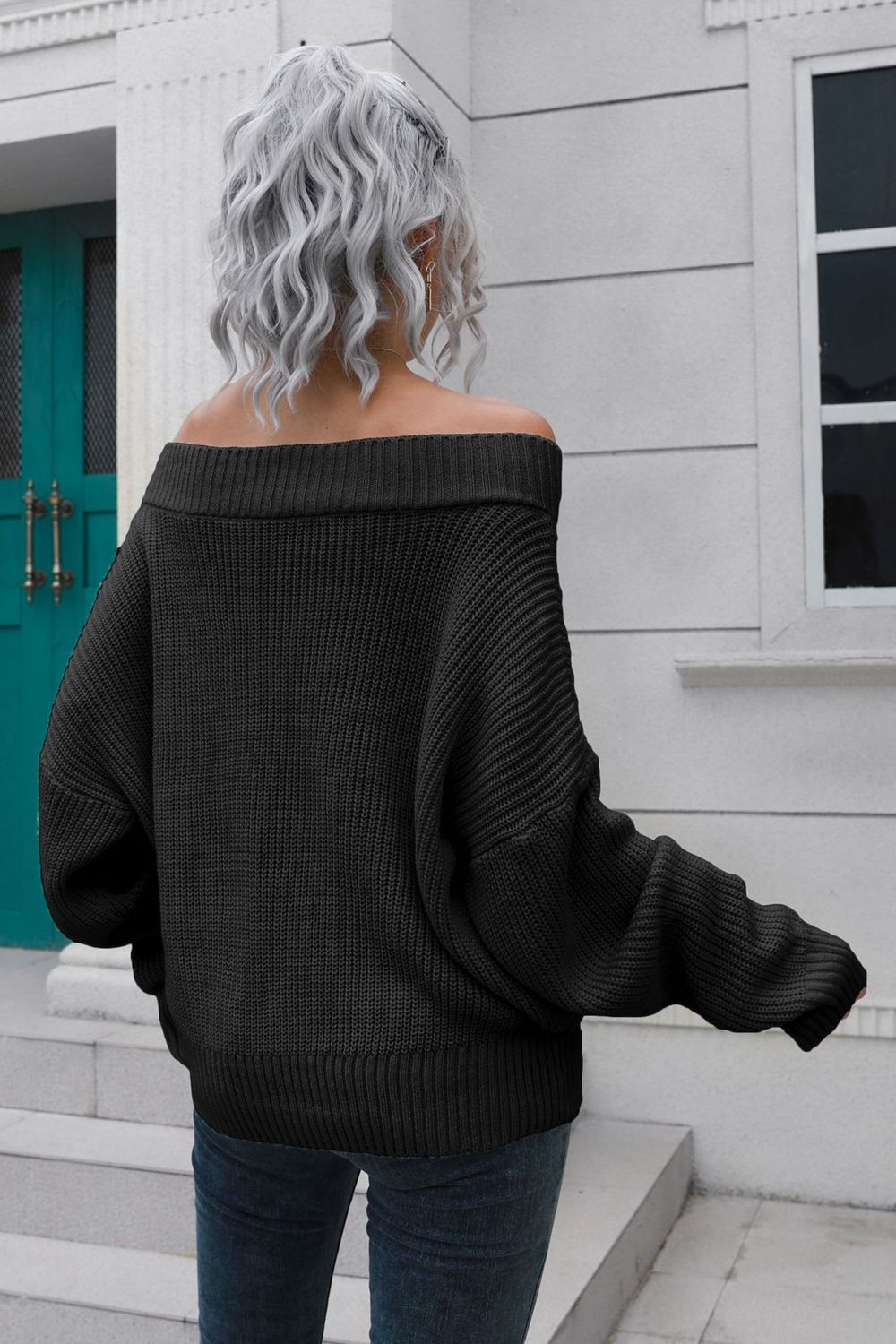 Off-Shoulder Ribbed Long Sleeve Pullover Sweater - FunkyPeacockStore (Store description)