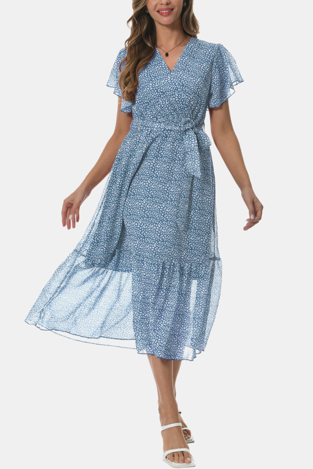 Surplice Neck Flutter Sleeve Tied Dress - FunkyPeacockStore (Store description)