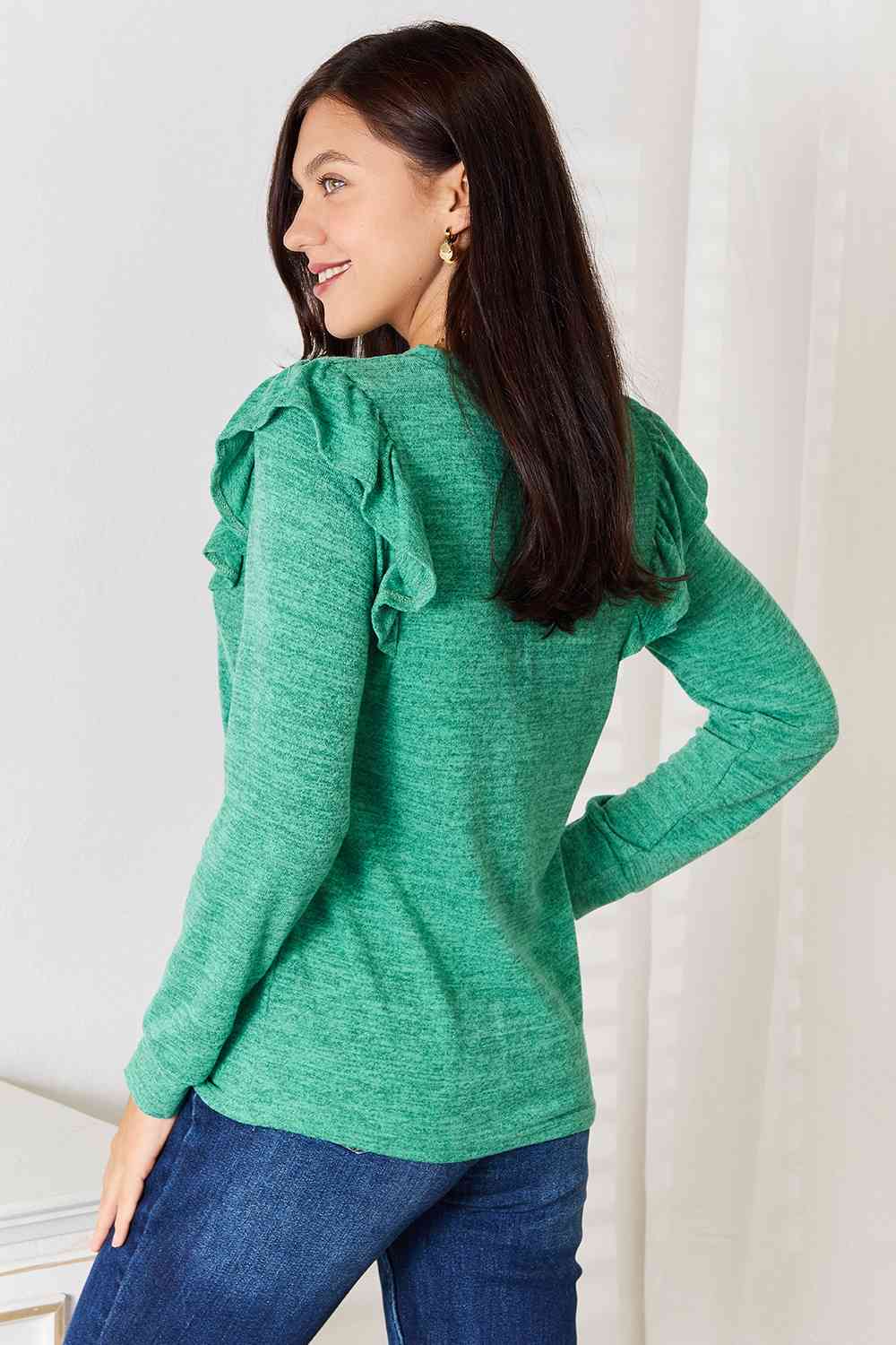 Double Take Ruffle Shoulder Long Sleeve T-Shirt - FunkyPeacockStore (Store description)