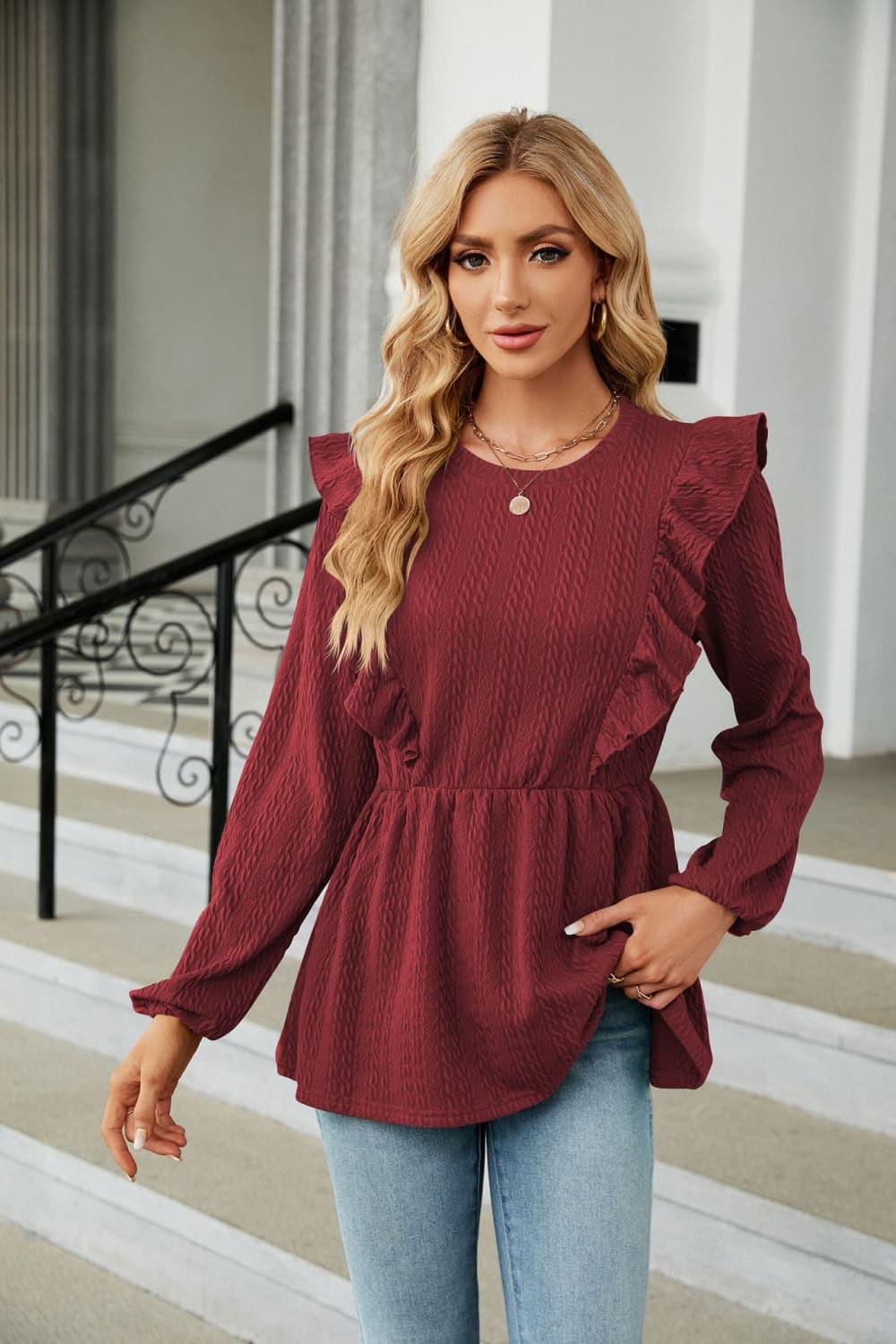 Round Neck Ruffled Peplum Blouse - FunkyPeacockStore (Store description)