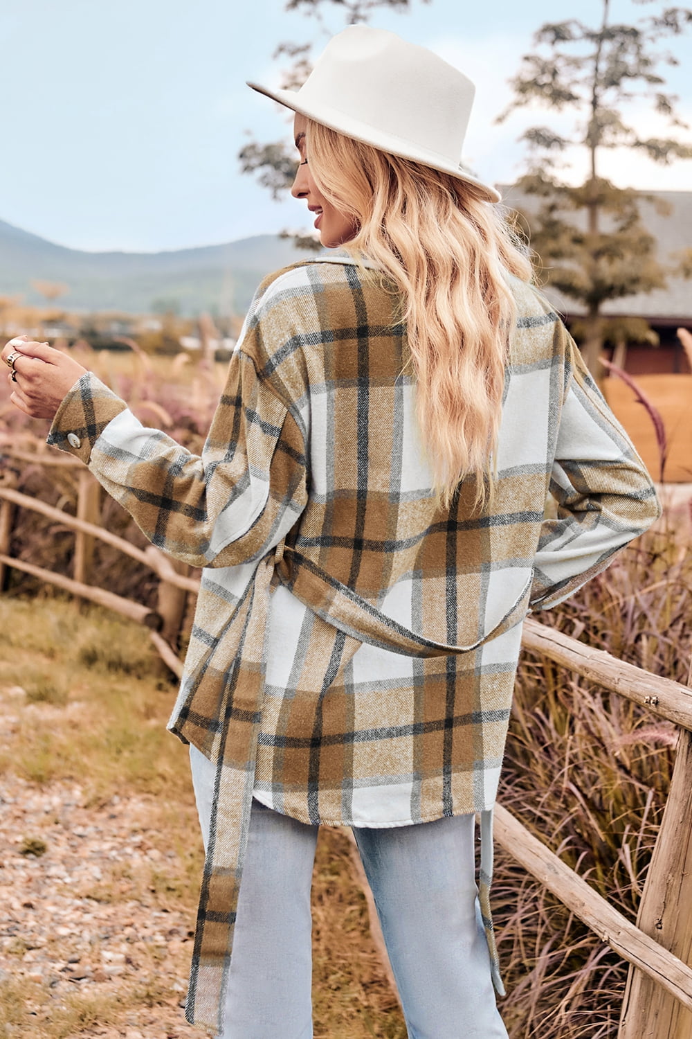 Plaid Collared Neck Bow Front Long Sleeve Jacket - FunkyPeacockStore (Store description)