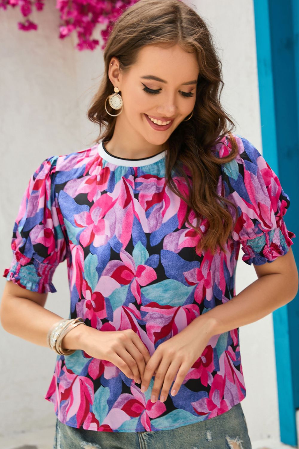 Floral Round Neck Puff Sleeve Top - FunkyPeacockStore (Store description)