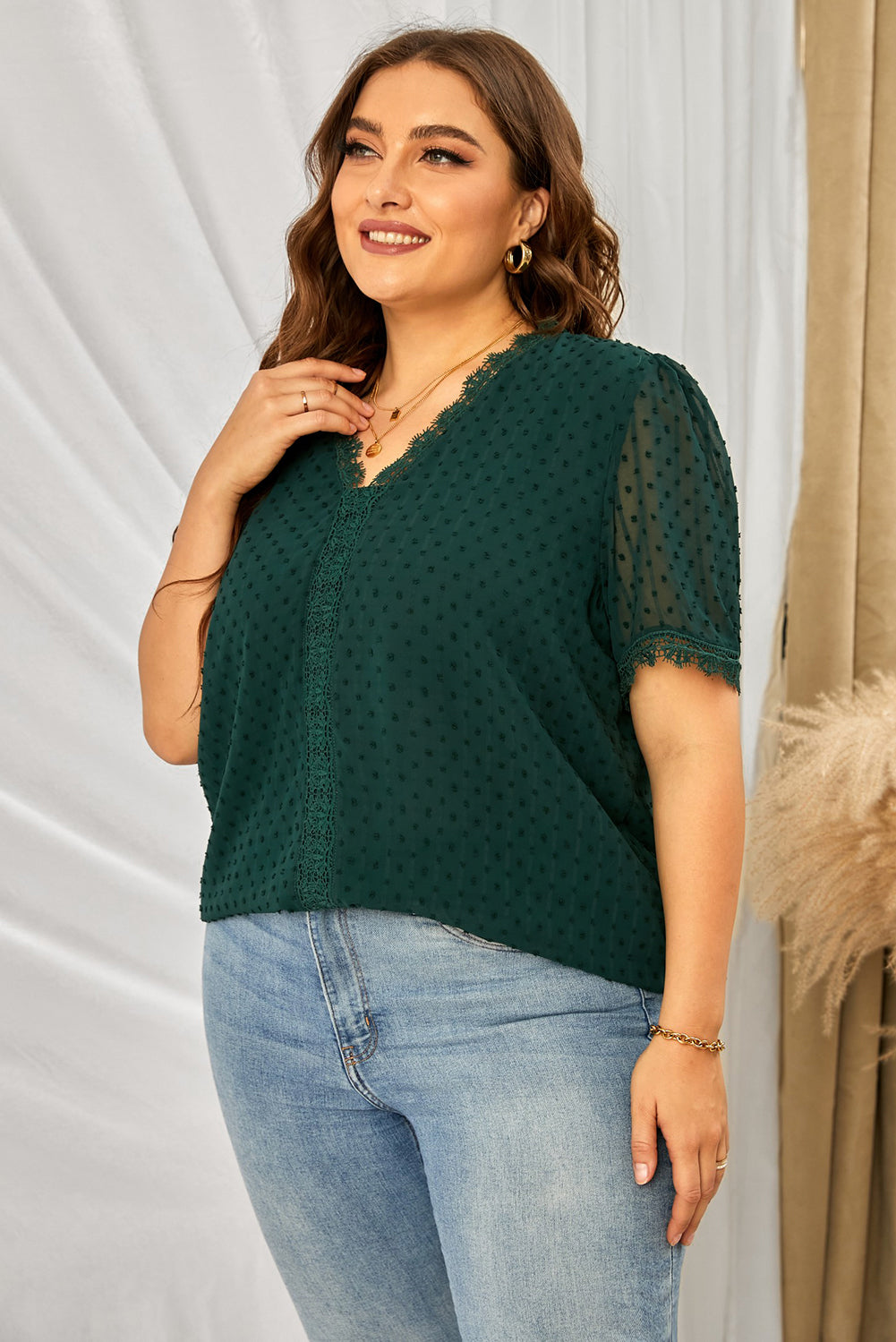 Swiss Dot Spliced Lace V-Neck Blouse - FunkyPeacockStore (Store description)