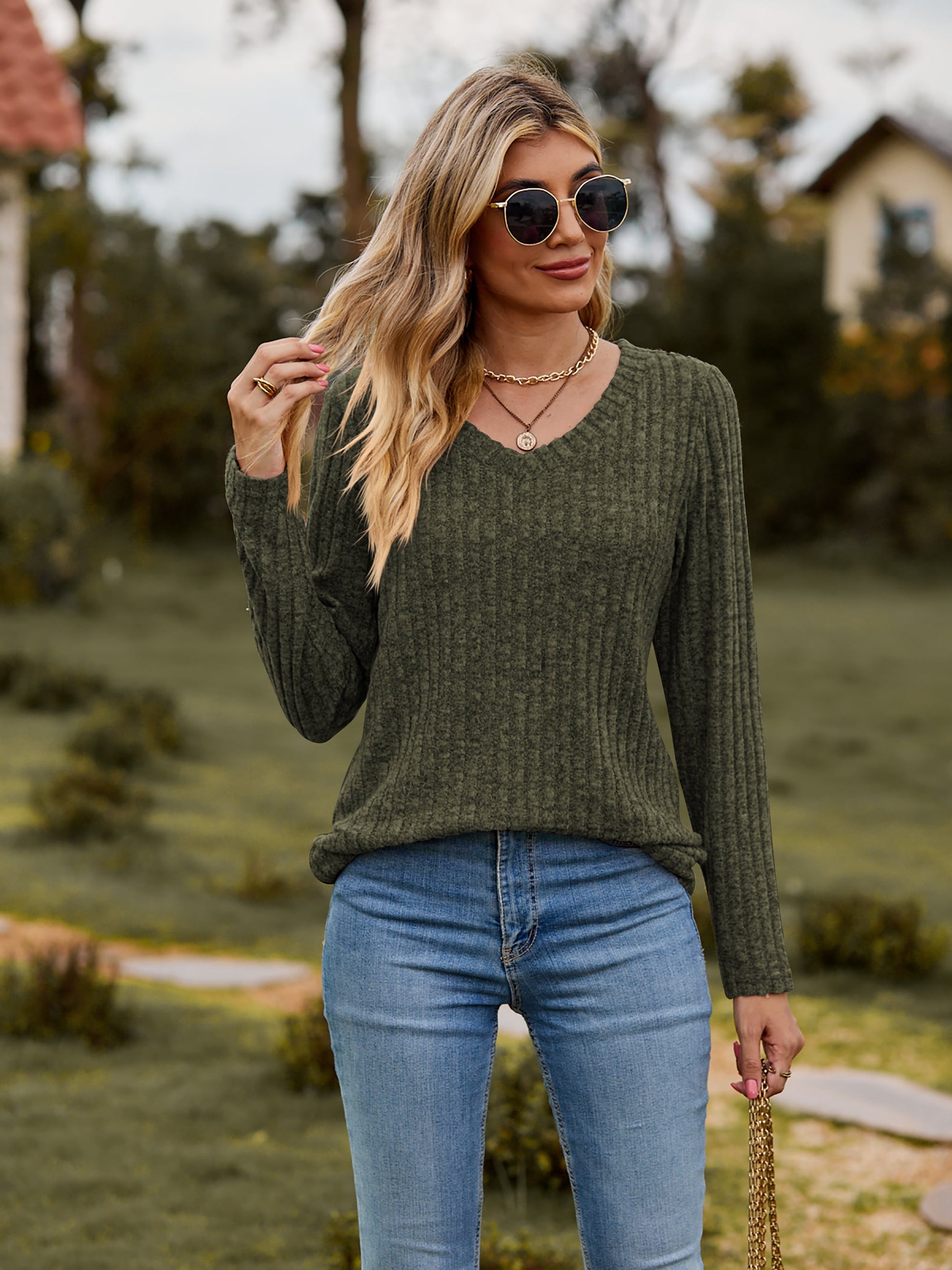 Ribbed V-Neck Long Sleeve Tee - FunkyPeacockStore (Store description)