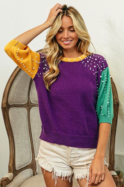 BiBi Color Block Pearl Detail Round Neck Sweater - FunkyPeacockStore (Store description)