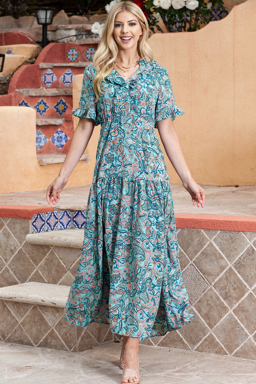 Paisley Print Flounce Sleeve Maxi Dress - FunkyPeacockStore (Store description)