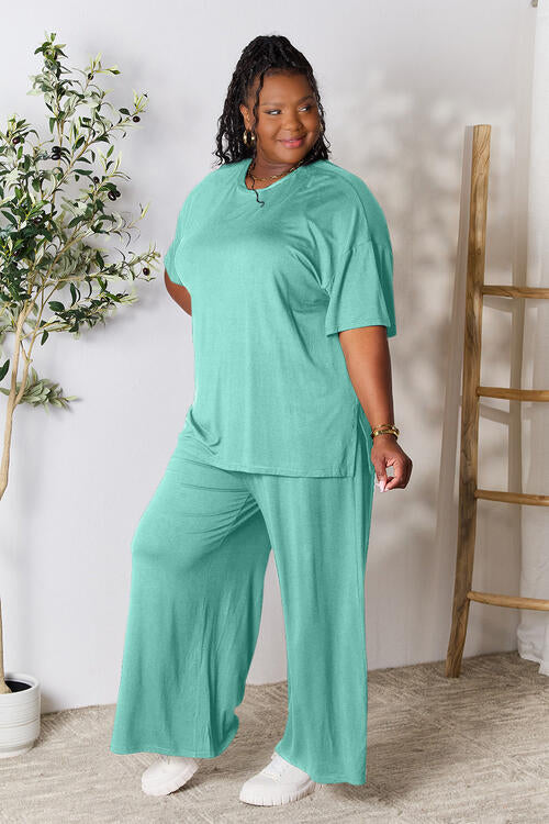 Double Take Full Size Round Neck Slit Top and Pants Set - FunkyPeacockStore (Store description)