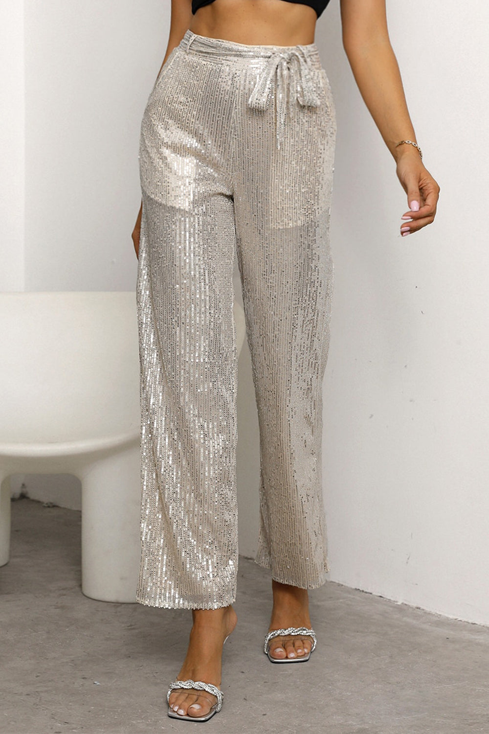 Sequin Tie Waist Straight Leg Pants - FunkyPeacockStore (Store description)