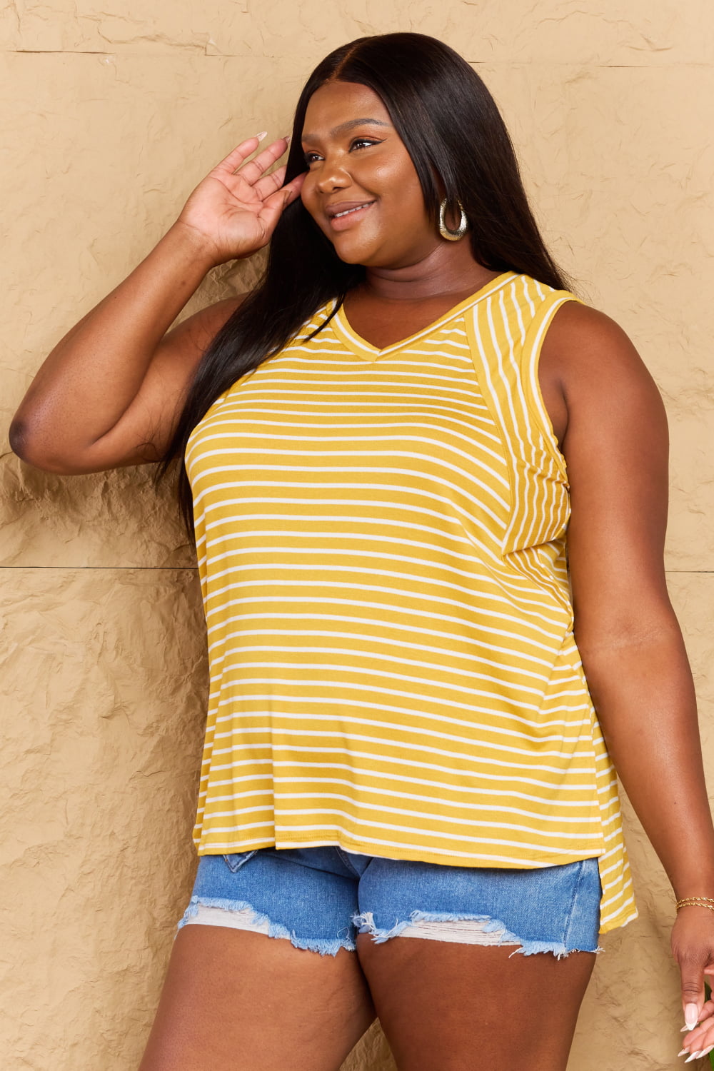 Doublju Talk To Me Striped Sleeveless V-Neck Top - FunkyPeacockStore (Store description)