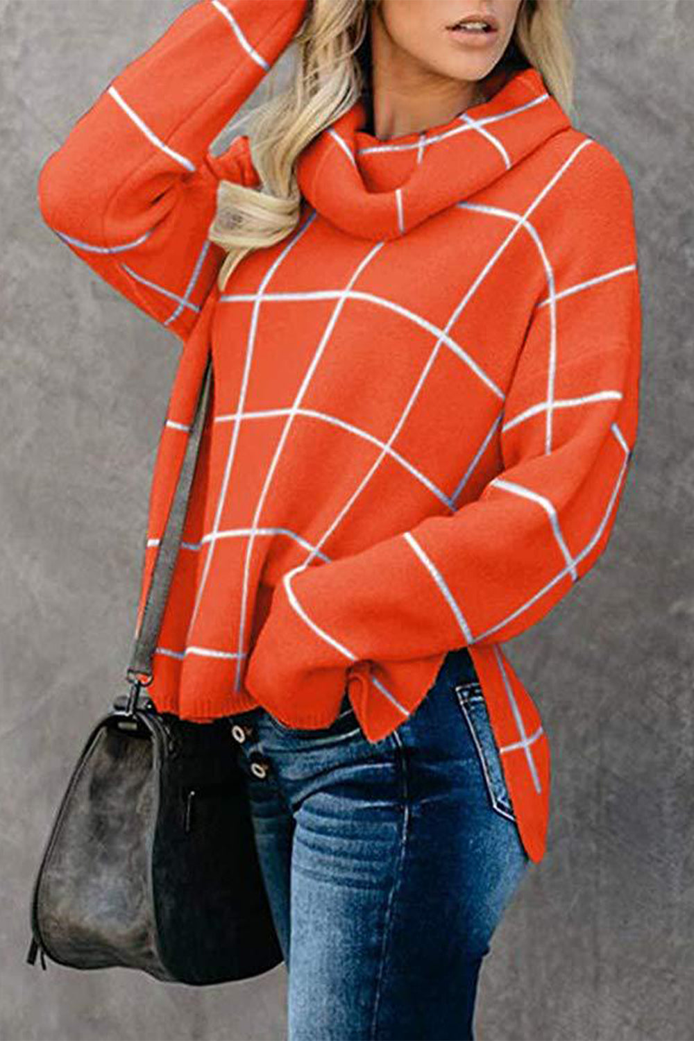 Plaid Turtleneck Drop Shoulder Sweater - FunkyPeacockStore (Store description)