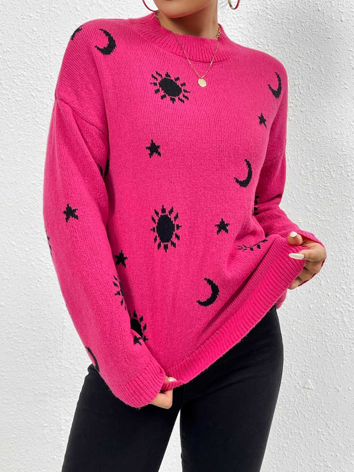 Patterned Drop Shoulder Sweater - FunkyPeacockStore (Store description)