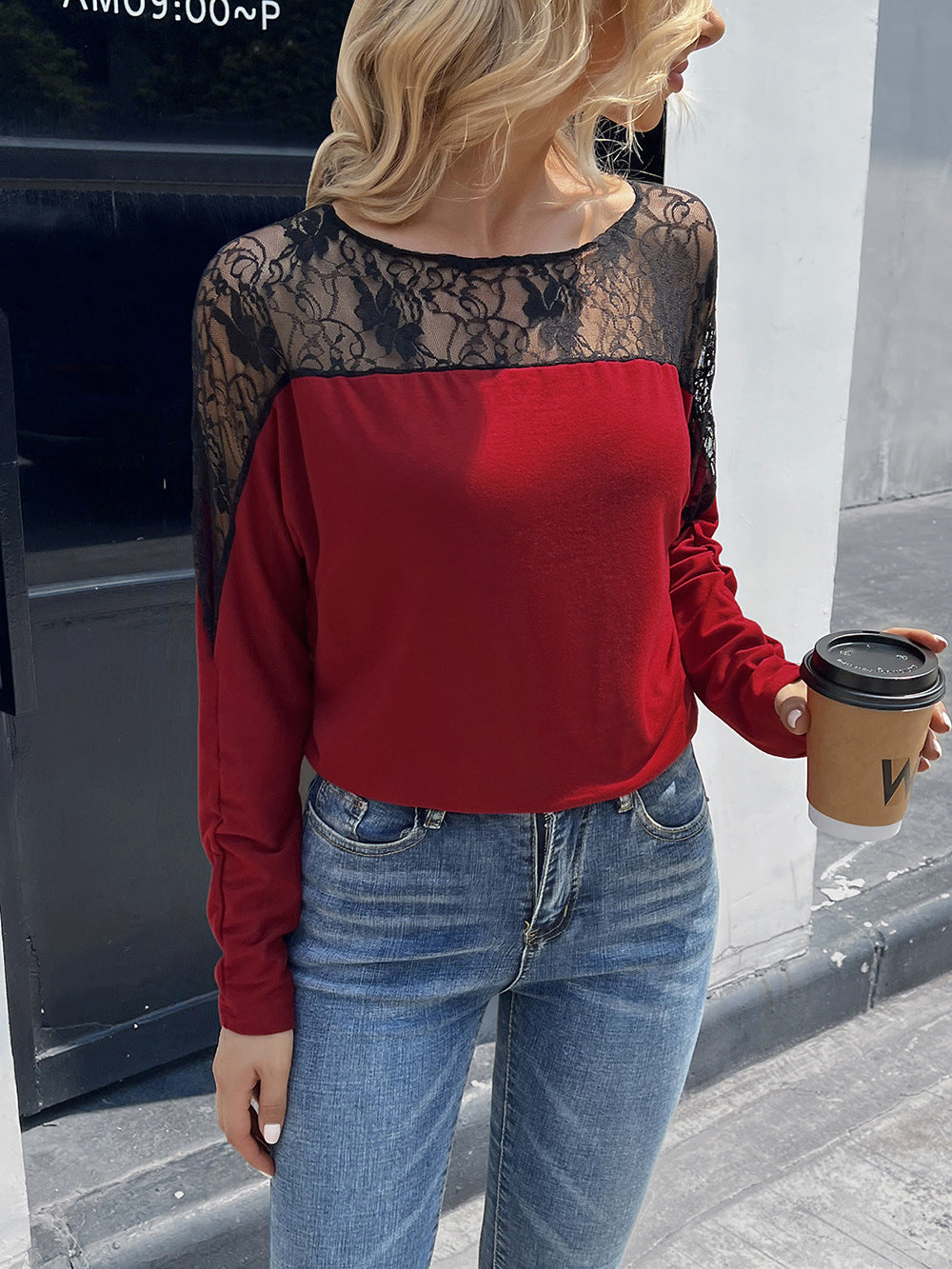 Lace Long Sleeve Round Neck Tee - FunkyPeacockStore (Store description)