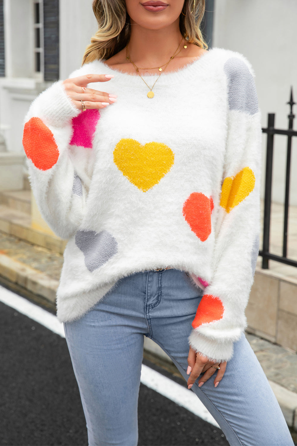 Heart Pattern Round Neck Long Sleeve Sweater - FunkyPeacockStore (Store description)