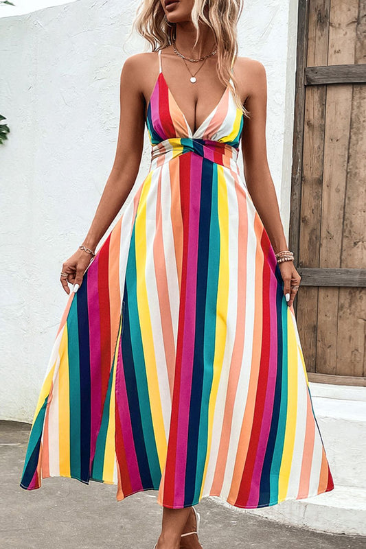 Multicolored Stripe Crisscross Backless Dress - FunkyPeacockStore (Store description)