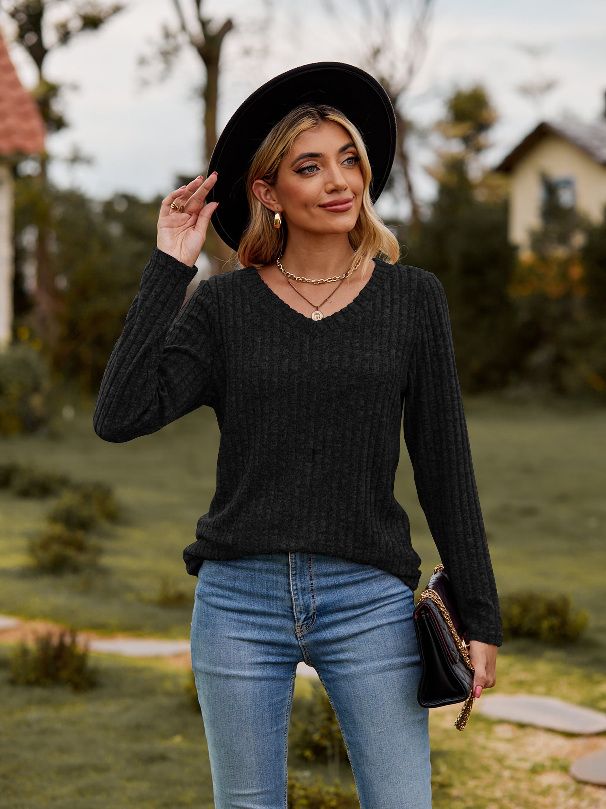 Ribbed V-Neck Long Sleeve Tee - FunkyPeacockStore (Store description)