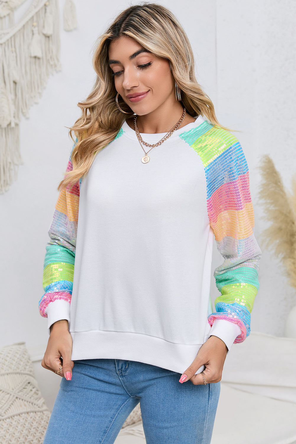 Round Neck Color Block Glitter Sleeve Sweatshirt - FunkyPeacockStore (Store description)