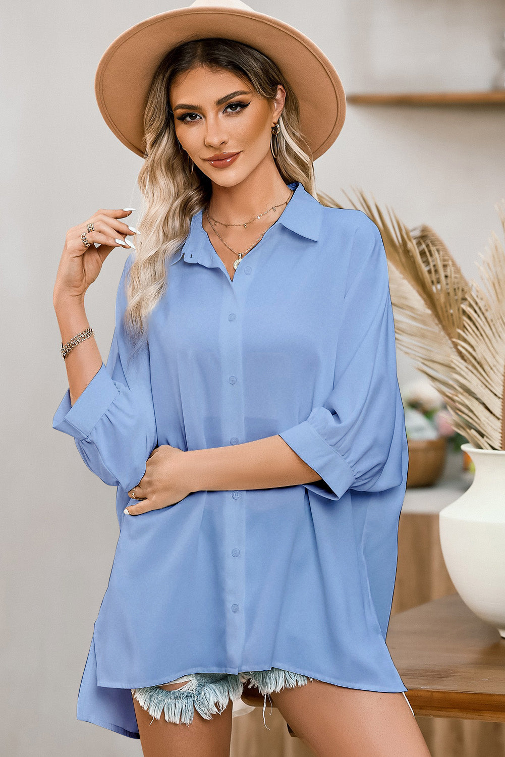 Three-Quarter Sleeve Slit Shirt - FunkyPeacockStore (Store description)