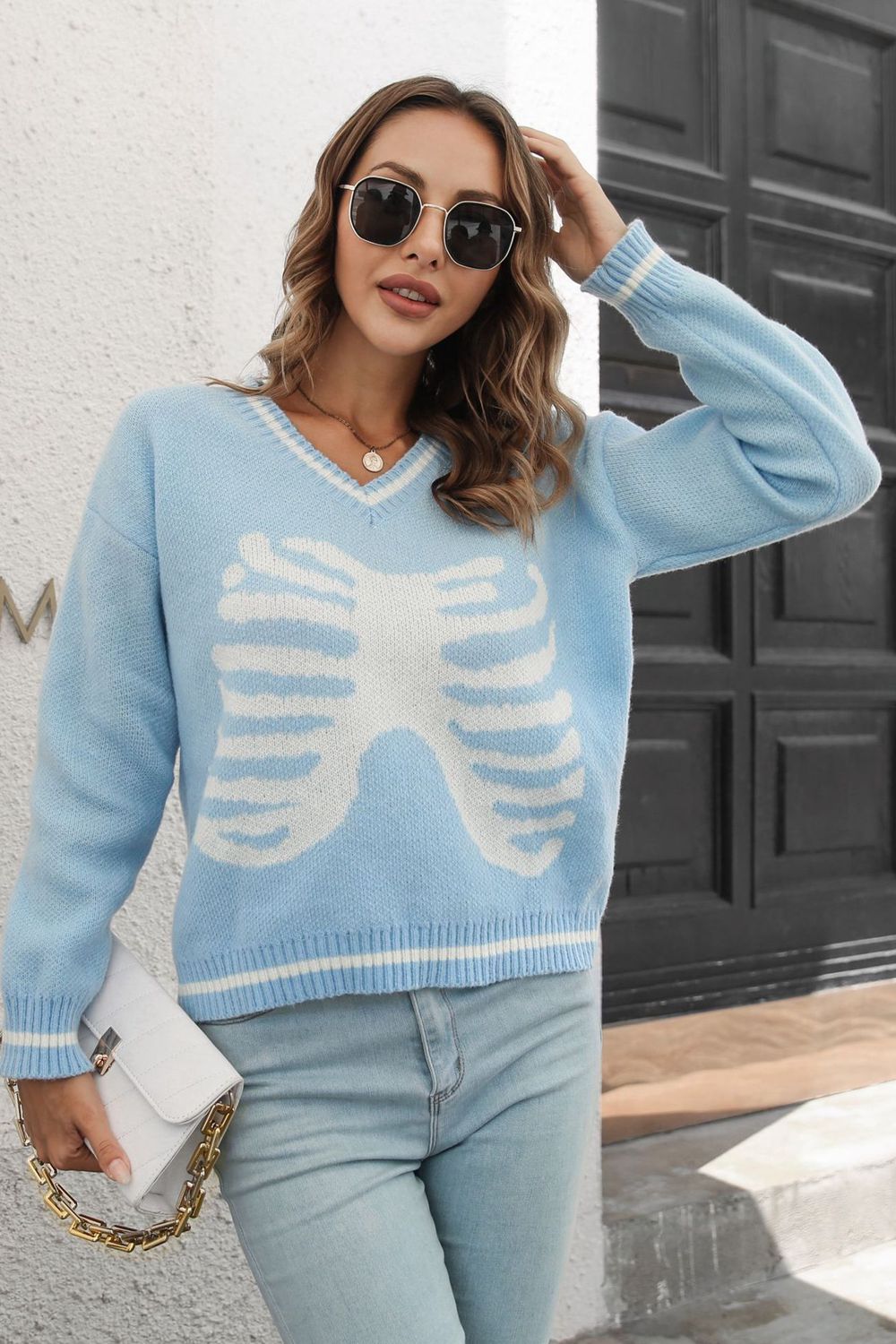 Skeleton Pattern V-Neck Long Sleeve Pullover Sweater - FunkyPeacockStore (Store description)