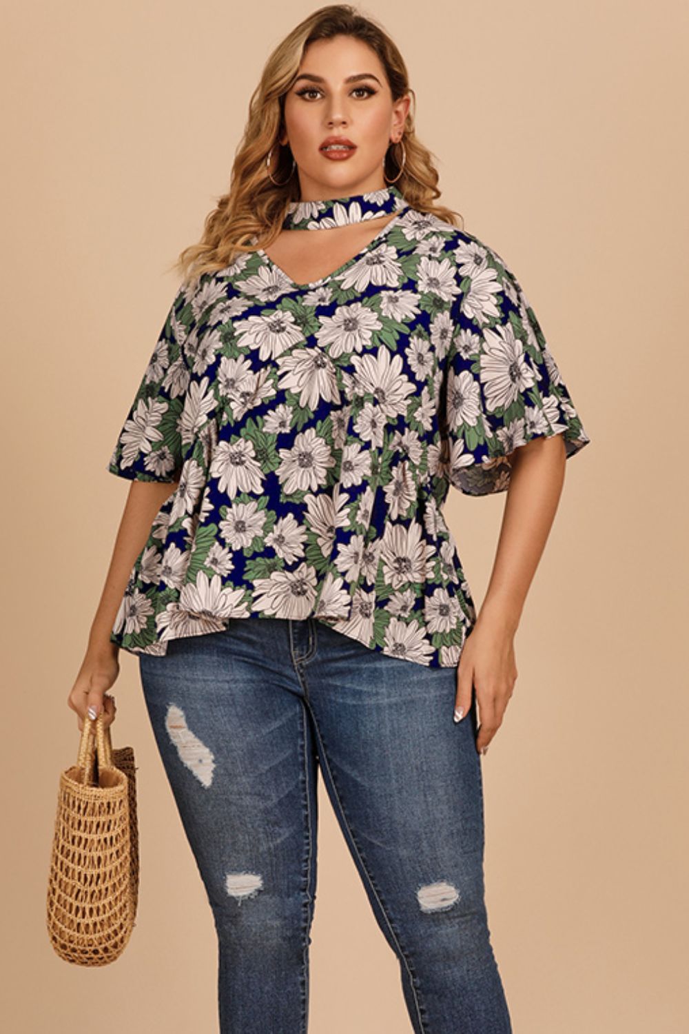 Floral Flutter Sleeve Cutout Blouse - FunkyPeacockStore (Store description)