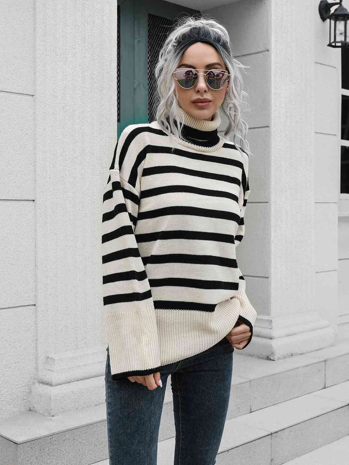 Striped Slit Turtleneck Drop Shoulder Sweater - FunkyPeacockStore (Store description)