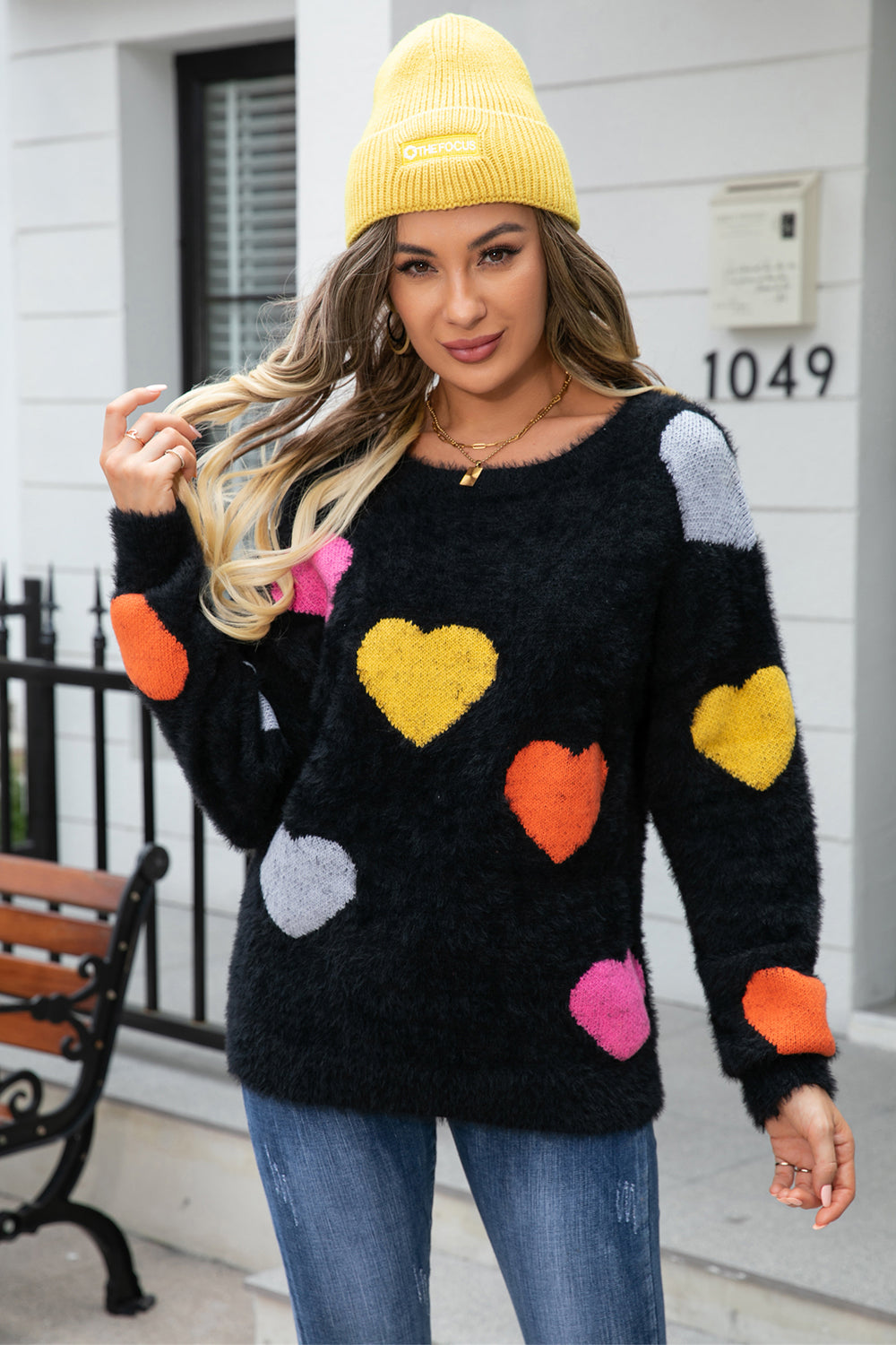 Heart Pattern Round Neck Long Sleeve Sweater - FunkyPeacockStore (Store description)