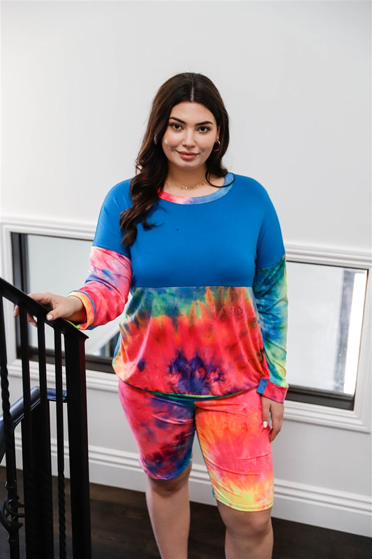 Blue Neon Rainbow Tie-dye Colorblock Long Sleeve Top & Biker Shorts Set - FunkyPeacockStore (Store description)