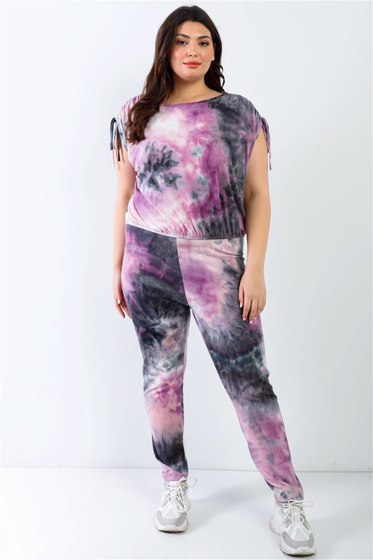 Plus Purple & Black Tie-dye Ruched Shoulder Detail Top & Pants Set - FunkyPeacockStore (Store description)