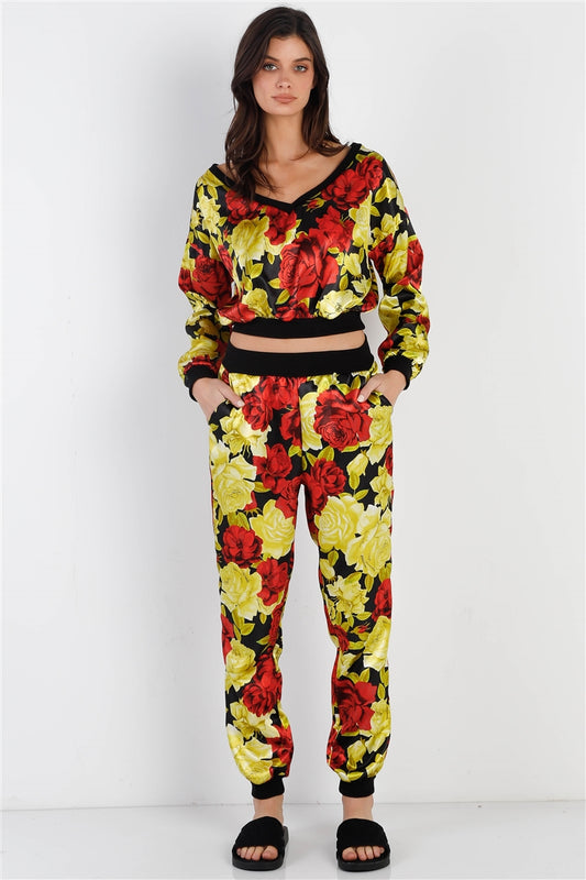 Black & Satin Effect Red & Lime Floral Print V-neck Top & Pants Set - FunkyPeacockStore (Store description)