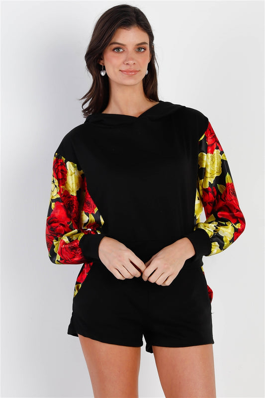 Black & Satin Effect Red & Lime Floral Print Hooded Top & Short Set - FunkyPeacockStore (Store description)