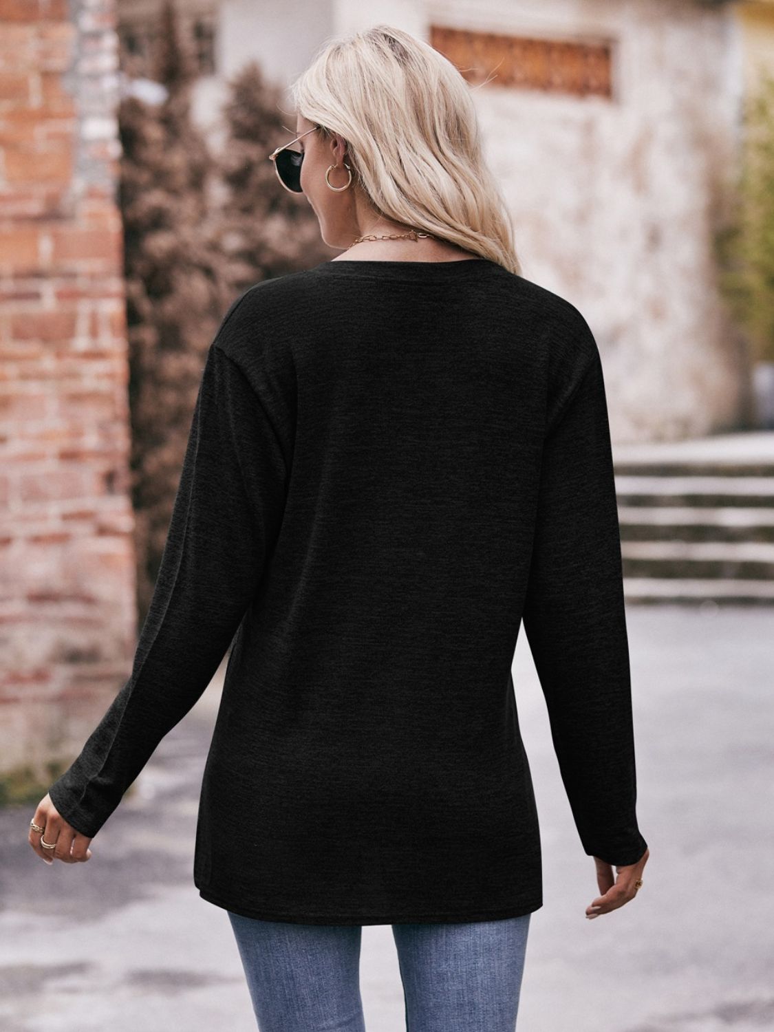 Buttoned Notched Neck Long Sleeve Top - FunkyPeacockStore (Store description)